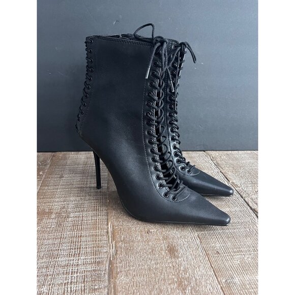 Steve Madden Allnight Lace-Up Stiletto Dress black leather Booties size 8.5 - Picture 2 of 8